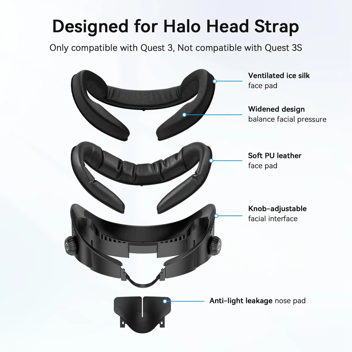 AMVR FC4A Face Cover Pad interfaz Facial Compatible con los accesorios Meta/Oculus Quest 3, cojín de seda de hielo con diseño de ventilación, para Halo Head Strap with Fan (no Compatible con Quest 3S)