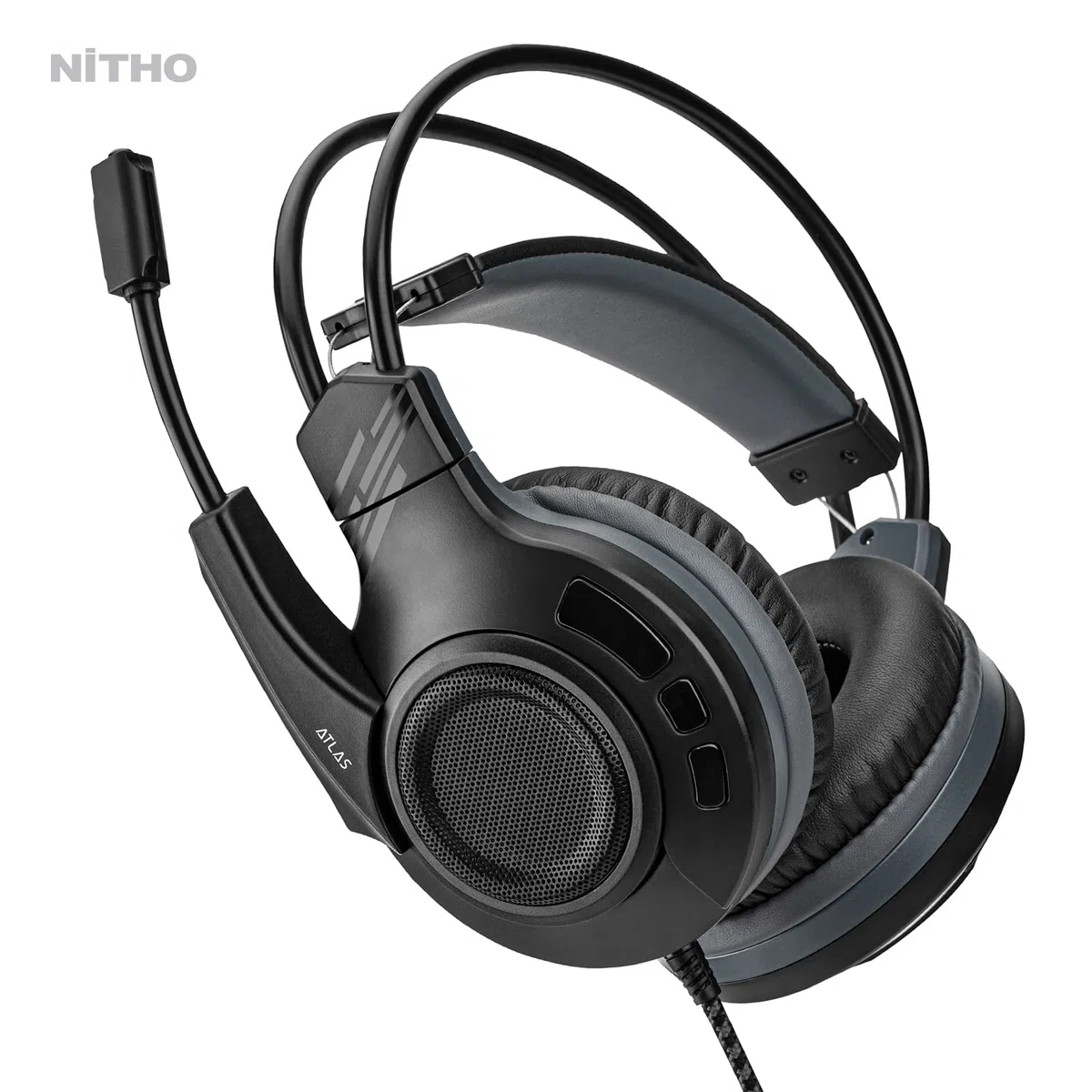 NITHO Atlas Auriculares Gaming Over-Ear – Controladores de 50 mm, Micrófono Flexible, Sonido Estéreo – Incluye Cable en Y – Jack 3.5 mm – PC/PS4/PS5/Xbox/Móvil – Negro