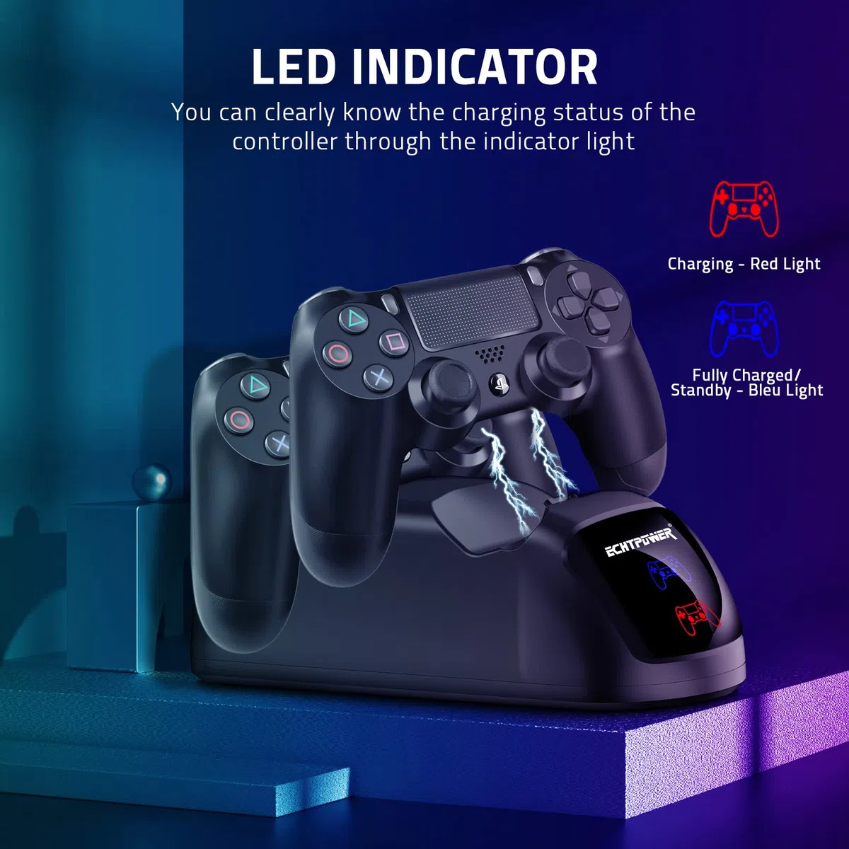 Cargador Mando PS4, Estación de Carga USB, Protección Inteligente con LED Indicador para Sony Playstation 4/ PS4 / PS4 Pro / PS4 Slim12
