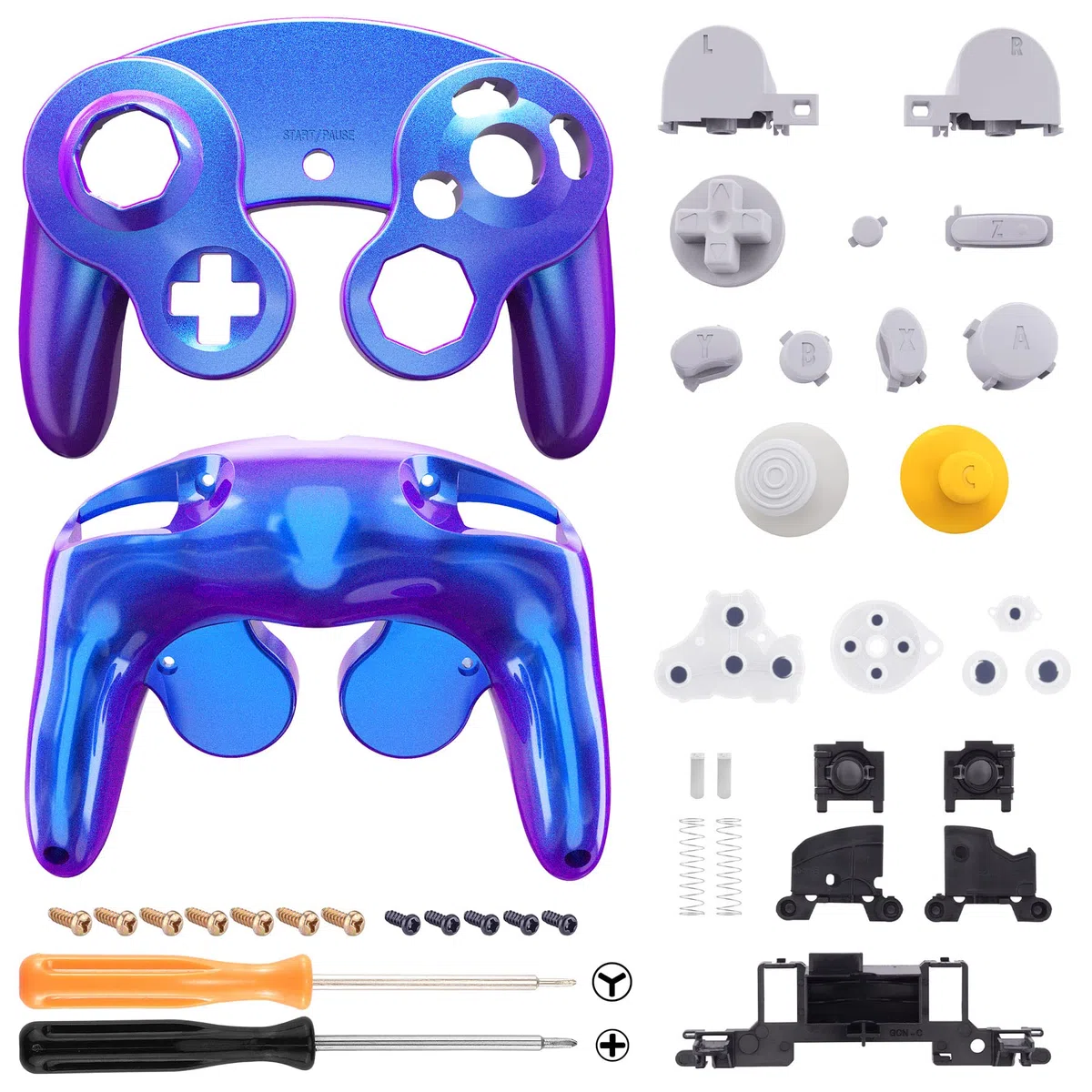eXtremeRate Carcasa para Nintendo Gamecube Mando, Cubierta Frontal y Placa Posterior, Agarre con Botones, Accesorios de Repuesto - No Incluye Controlador, Azul a Violeta