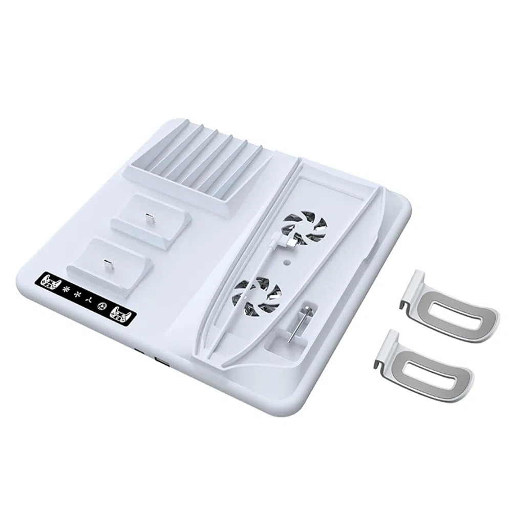 Soporte de refrigeración para PS5 Slim con estación de Carga de Controladores duales PS5, estación de enfriamiento para PS5 Slim Consola con Ranura para 6 Discos de Juego, con 2 colgadores