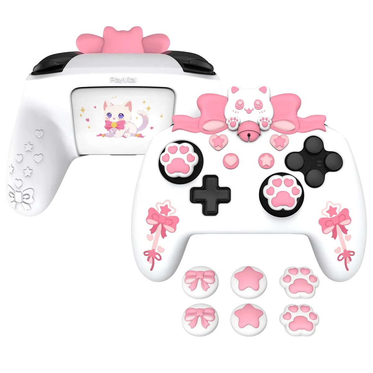 PlayVital Funda de Silicona para Nintendo Switch Pro - Carcasa Protectora Antideslizante con Tapas de Joysticks y Pegatinas Decorativas, Diseño Sweetheart Kitty (Blanco)