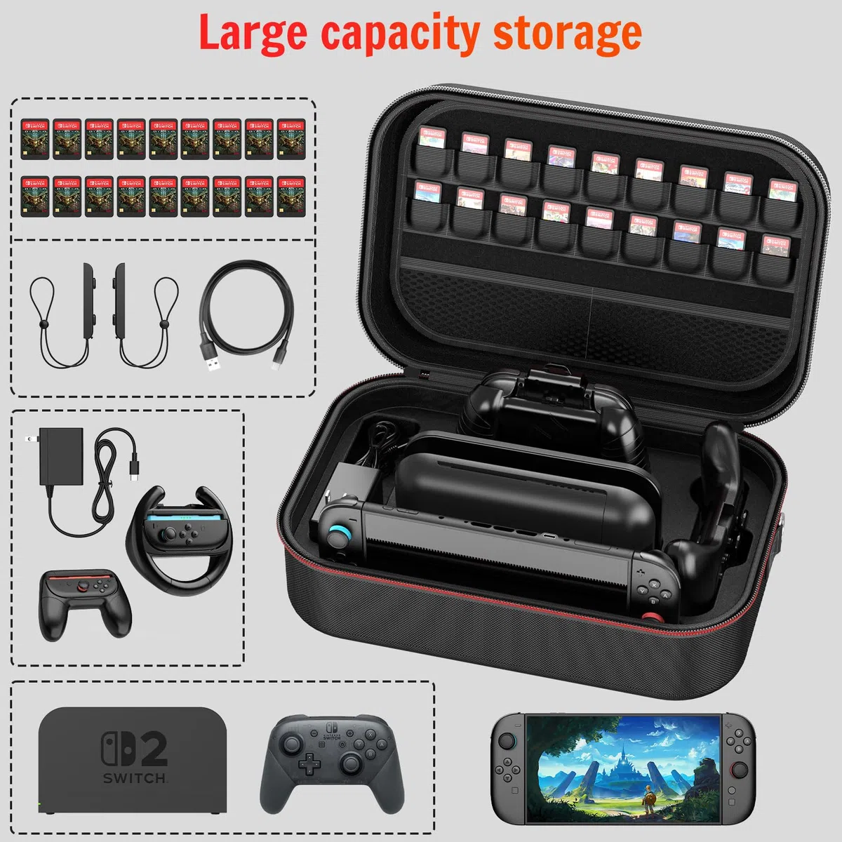 HEYSTOP Funda de Transporte para Consola Nintendo Switch 2, Estuche Protector de Viaje de Gran Capacidad con 12 Ranuras para Tarjetas de Juego para Accesorios de Nintendo Switch 2 2025 Últimos Modelos