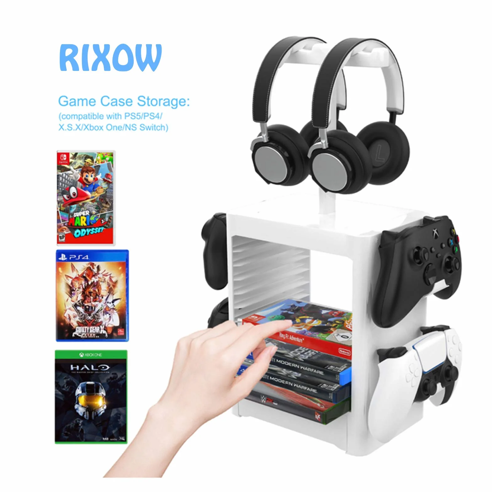 Soporte Multifuncional de Almacenamiento de Juegos, Rack de Almacenamiento en Disco de 10 Juegos con Cajón, Soporte para Controlador Auricular Compatible con PS5 PS4 Xbox Series, Gris Claro