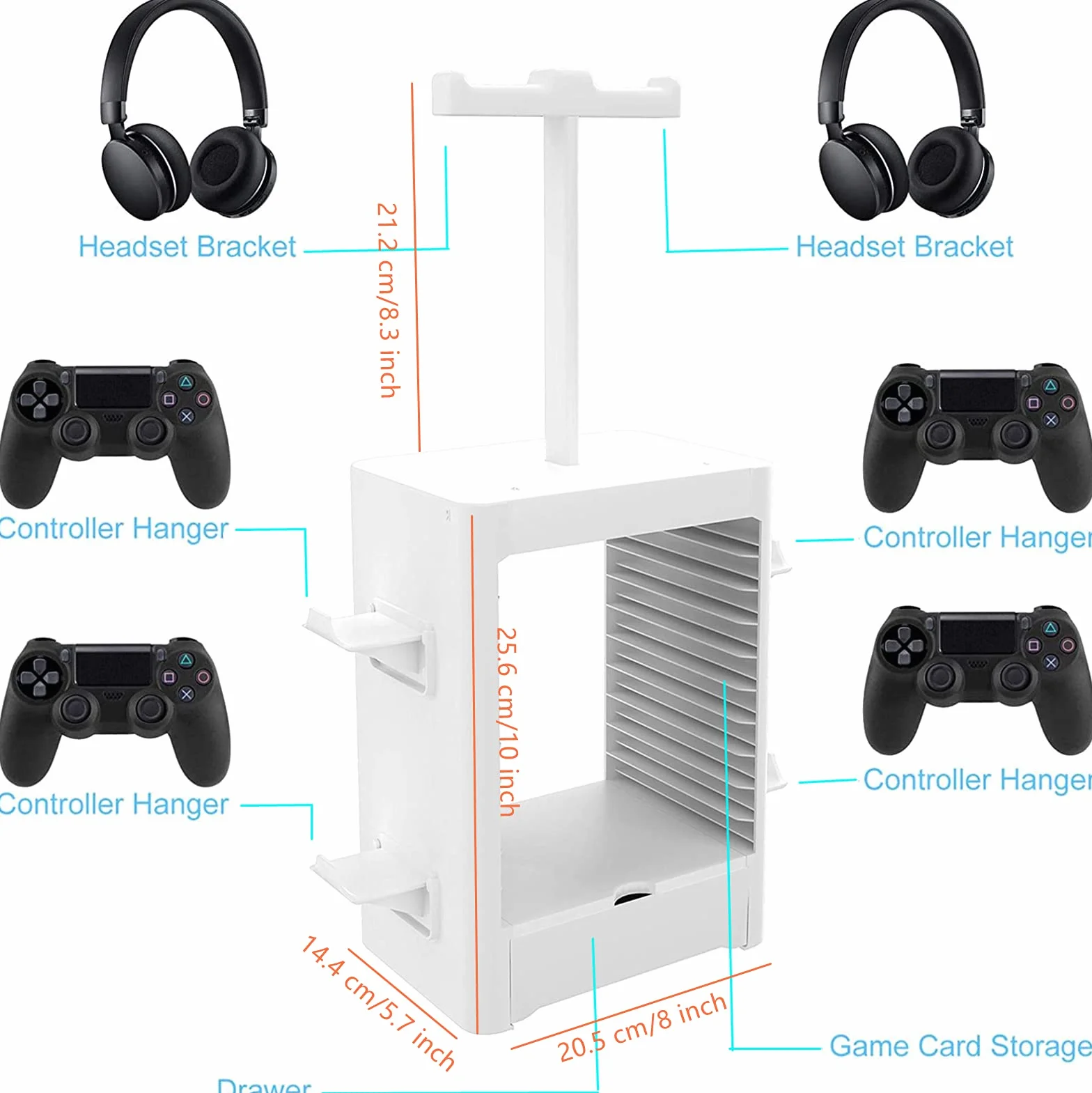 Soporte Multifuncional de Almacenamiento de Juegos, Rack de Almacenamiento en Disco de 10 Juegos con Cajón, Soporte para Controlador Auricular Compatible con PS5 PS4 Xbox Series, Gris Claro
