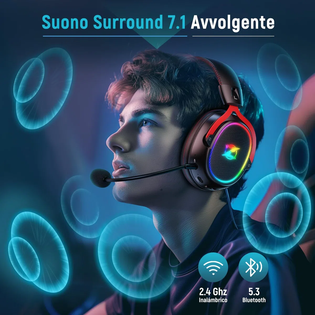 Cascos Gaming Inalámbricos para Ps4/Ps5/PC, Auriculares Gaming Inalámbricos con Micrófono 2.4GHz + 5.3 Bluetooth de Baja Latencia, Cascos Wireless con Sonido Envolvente Estéreo 7.1, Duración 40+