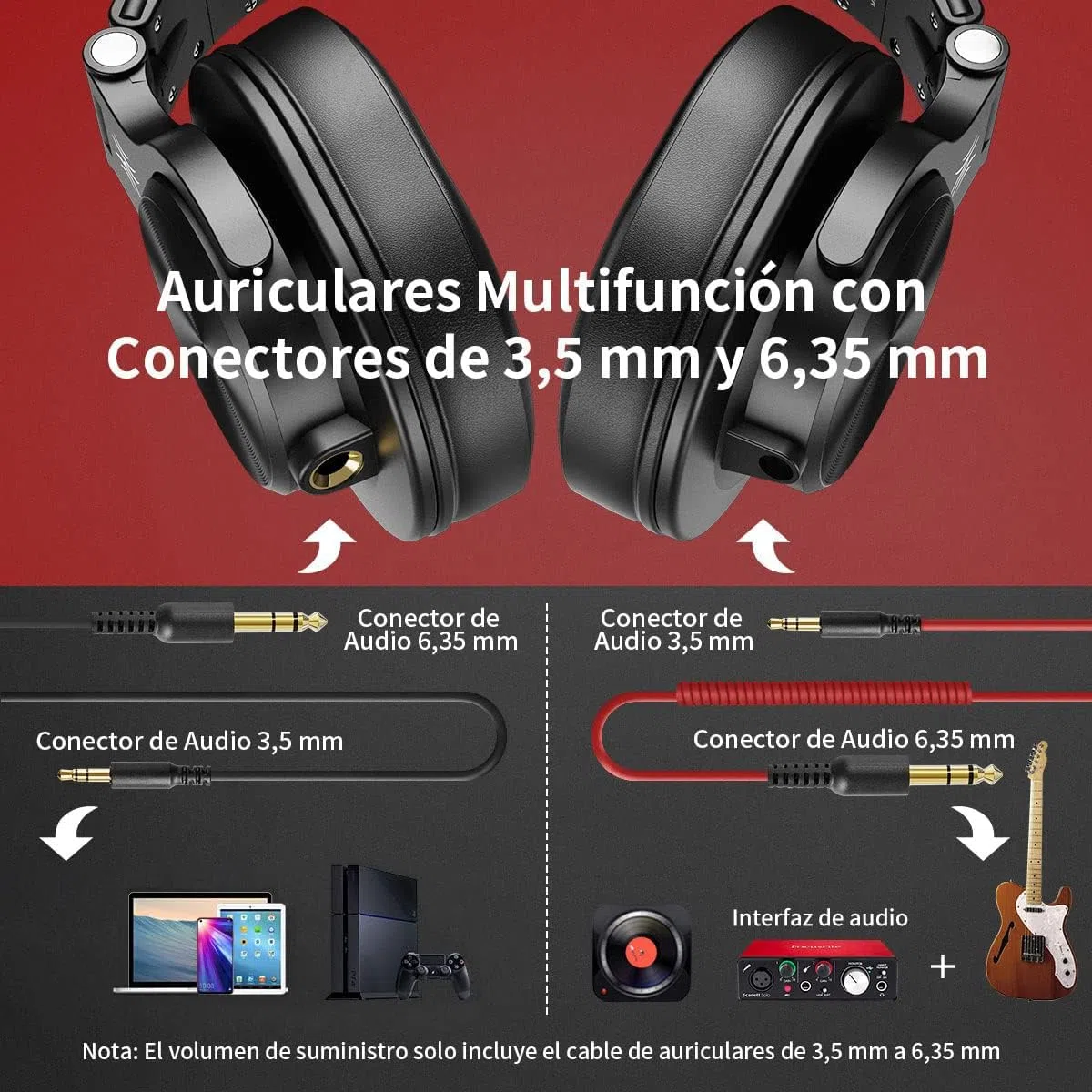 Auriculares OneOdio sobre la oreja, auriculares DJ con cable, auriculares HiFi de estudio con puerto compartido para monitor de grabación AMP de guitarra de piano e-drum (Rojo2)
