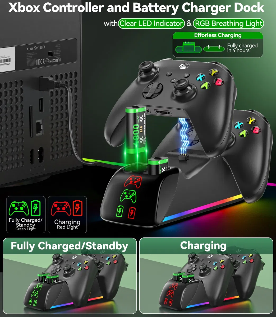 Base de Carga para X-Box Mando y Baterías, 4x4800mWh (4x2000mAh) Baterías para Mando X-Box Series/One X/S/Elite, Cargador para Mando XSX con 4 Baterías Recargables y 4 Tapas de Batería