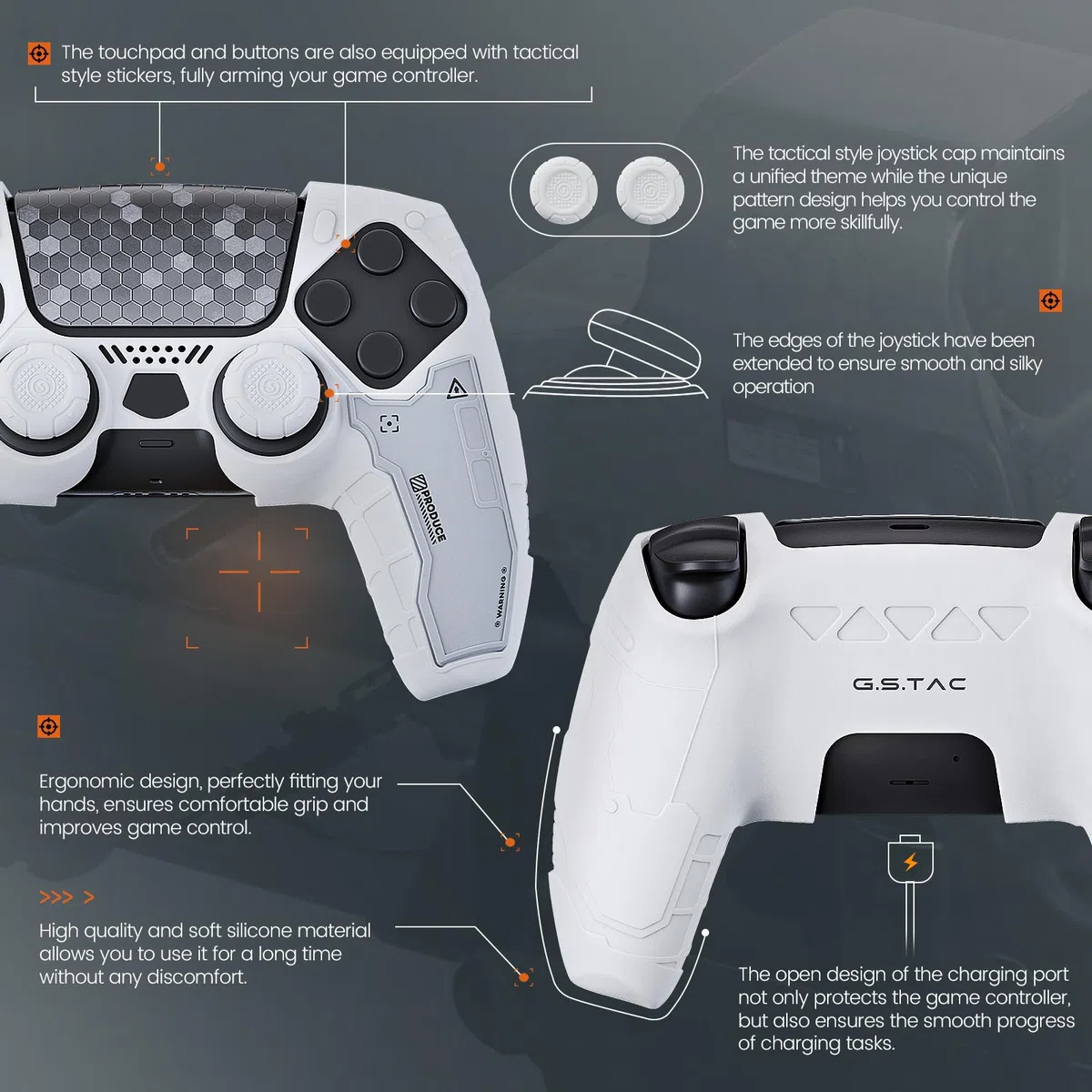 G.S.TAC - Juego de fundas para controlador táctico compatible con PS5, funda de silicona antideslizante compatible con controlador PS5, 2 empuñaduras para el pulgar y 2 calcomanías, compatible con