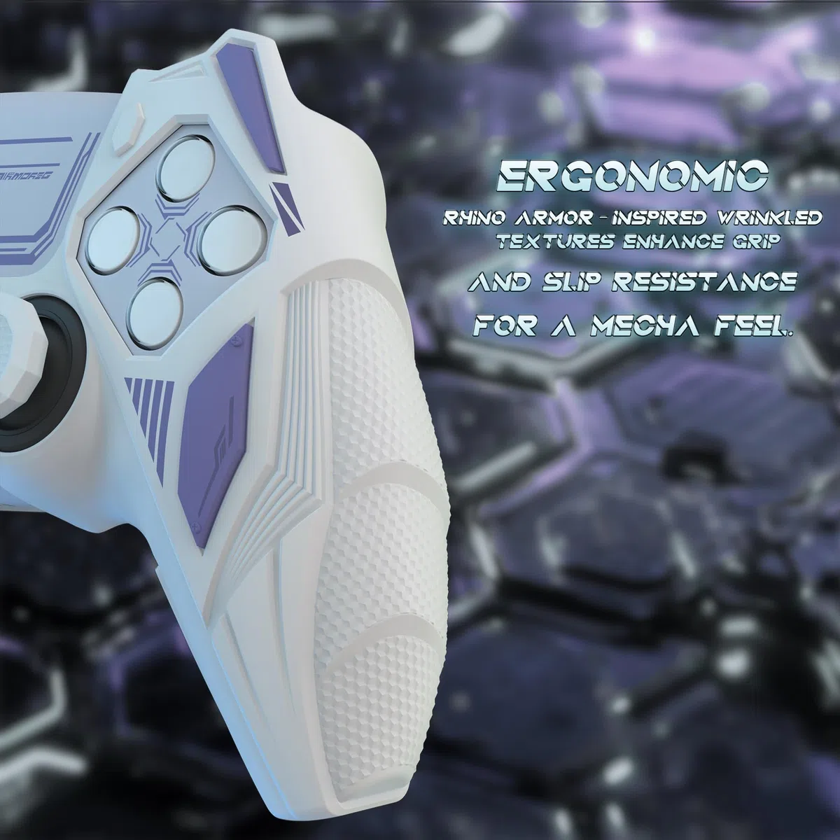 PlayVital Funda de Silicona para ps5 Mando - Carcasa Protectora con Tapas para Pulgar y Pegatinas, Accesorio Antideslizante Compatible con Estación de Carga - Mecha Rhino (Blanco & Violeta Claro)