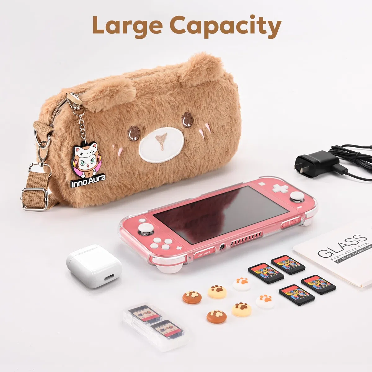 Funda innoAura Switch Lite, paquete de accesorios 14 en 1 con una bonita funda de transporte, protector de pantalla, funda para el juego y tapas para los pulgares (Oso marrón)