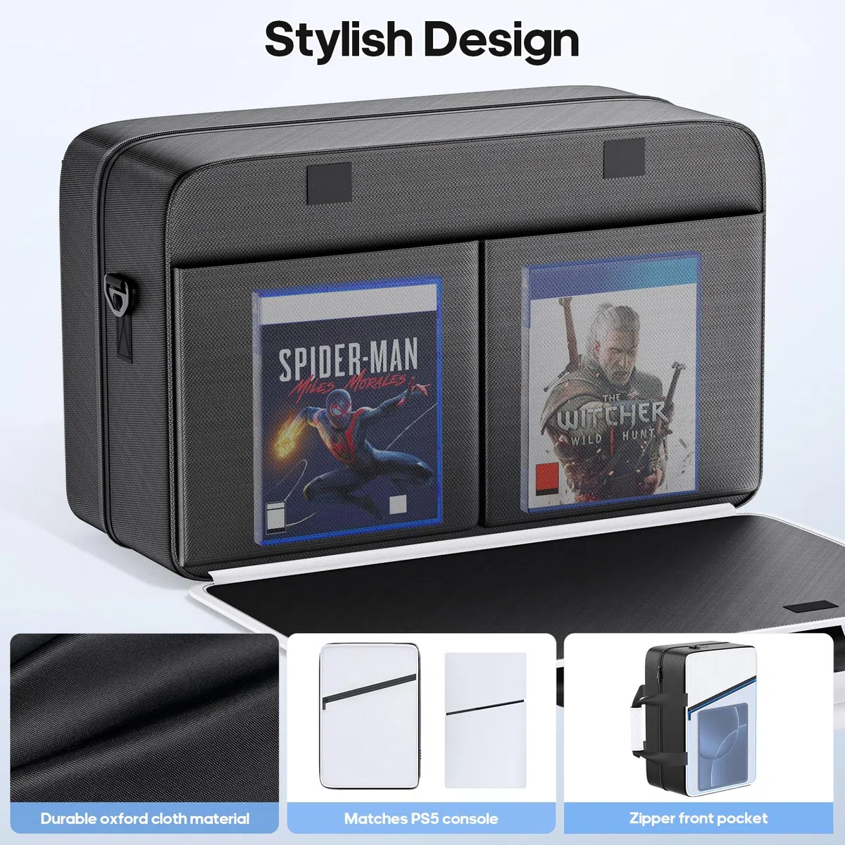 Gersker Bolsa de Viaje para PS5/Slim/Pro Digital & Disc, Funda de Transporte para PS5 de 10 Compartimentos para PS Portal, 4 Tarjetas de Juego, 2 Mandos, Bolsa PS5 de Gran Capacidad, Negro & Blanco