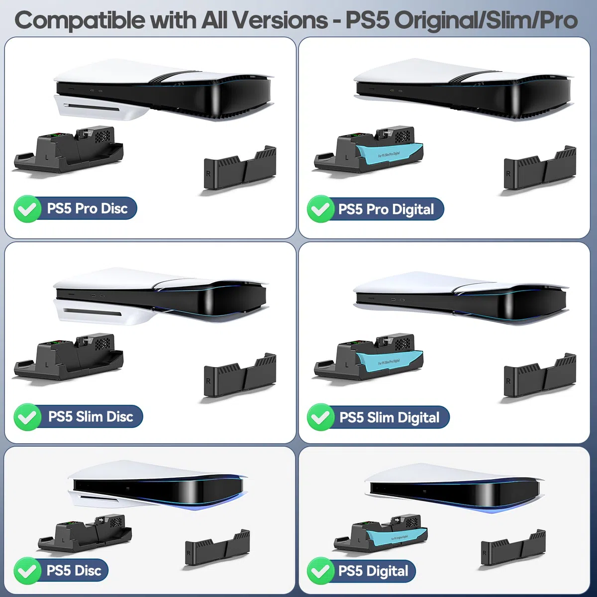 Soporte Horizontal para PS5/Slim/Pro, con Ventilador para PS5 & Cargador para PS5 Mando Original y Edge, Ampliable Base Refrigeradora Horizontal para PS 5, Apto para Todas P5 Disc & Digital, Negro