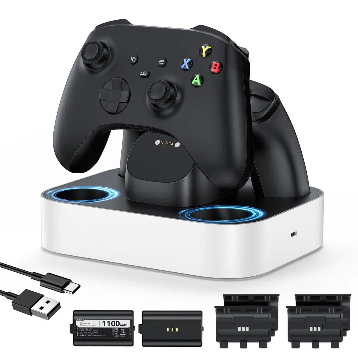 NEWDERY Base de Carga para Mando Xbox, 2 baterías Recargables de 1100 mAh para Xbox One/Series X|S, estación de Carga rápida con 4 Cubiertas de batería, Color Blanco