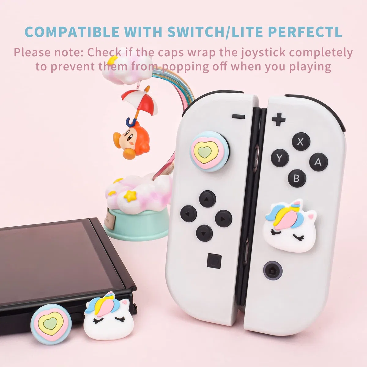 DLseego Cute Pony & Love Heart - Tapas de agarre para el pulgar para Switch Lite/OLED, tapas de botón de silicona suave, cubierta protectora analógica Joy Con Stick, arcoíris (4 piezas)
