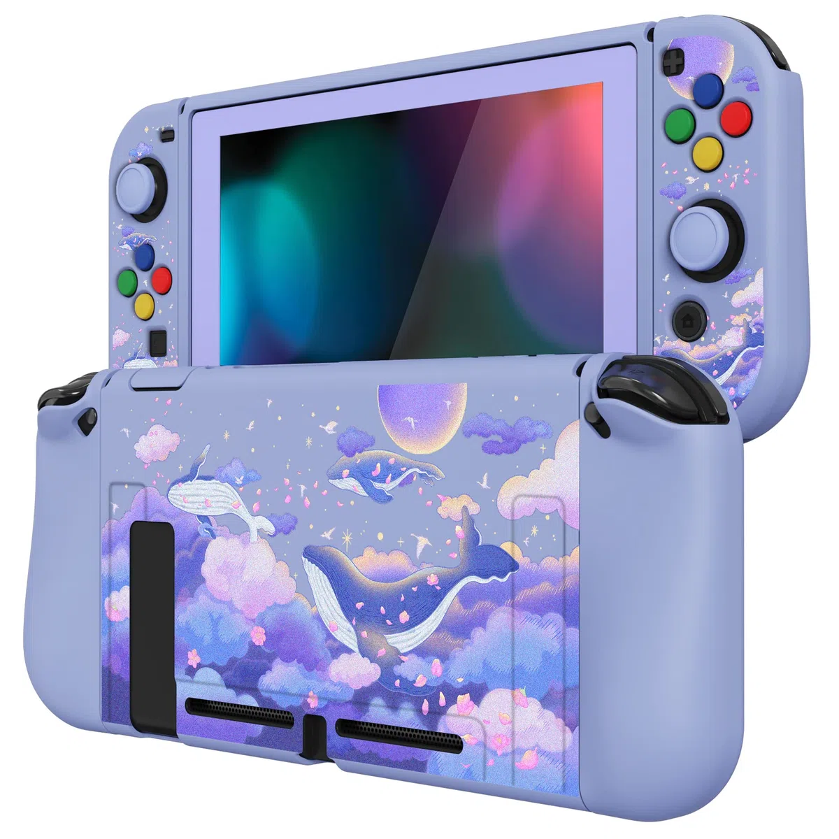 PlayVital ZealProtect Funda Protectora Suave para Nintendo Switch Accesorios Carcasa con Protector de Pantalla & Tapas de Agarre para el Pulgar & Pegatinas de ABXY Dirección Botón(Ballena en Sueño)