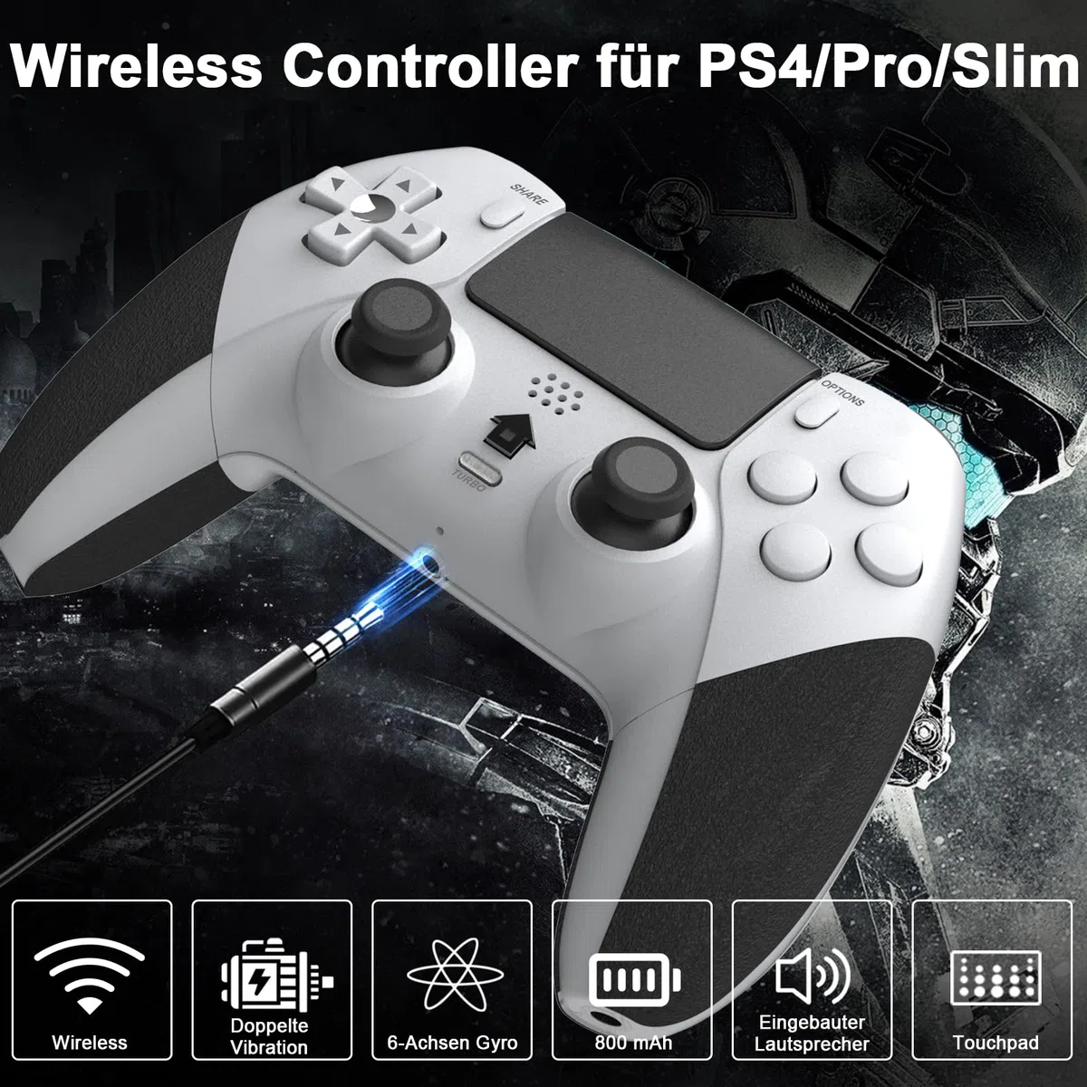 Shiptree Mando para PS-4, Mando Inalámbrico para PS4/Pro/Slim/PC con Doble Vibración, Turbo, Sensor Giroscopio, Panel Táctil, Audio Jack (Blanco)
