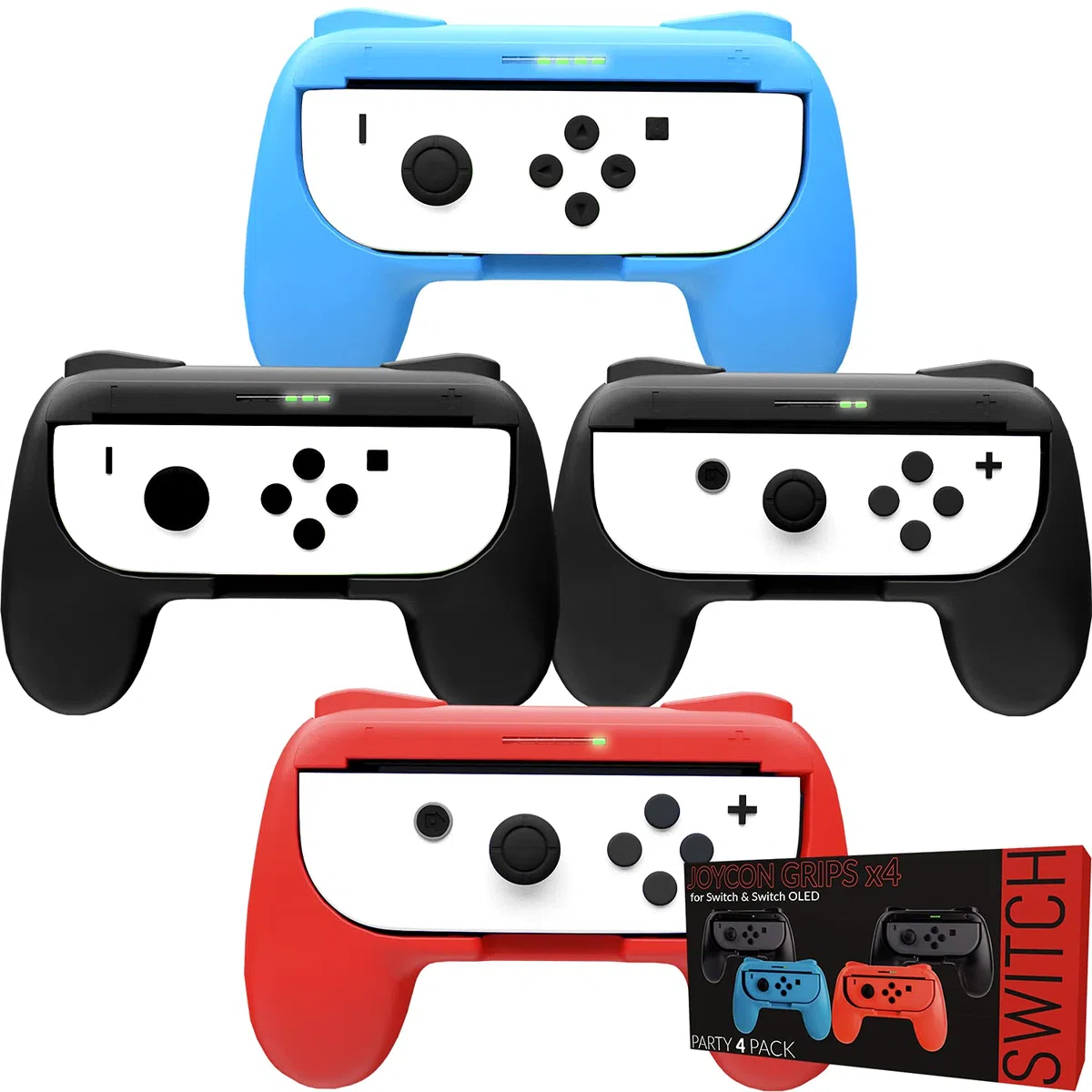 Orzly Switch Mandos Grip Joy-con (Party Pack de 4 Mandos Compatibles con Super Smash Bros Ultimate para Nintendo Switch) 4 Mandos Grip para Juegos Multijugador (1x Rojo, 1xAzul, 2X Negros)