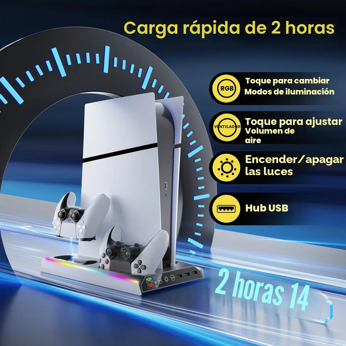 Fenolical Soporte Delgado para PS5/PS5 con Ventilador de Refrigeración Ajustable, Soporte de Cargador de Refrigeración Vertical PS5 para PS5/PS5 Slim, Estación de Refrigeración Delgada Multifuncional