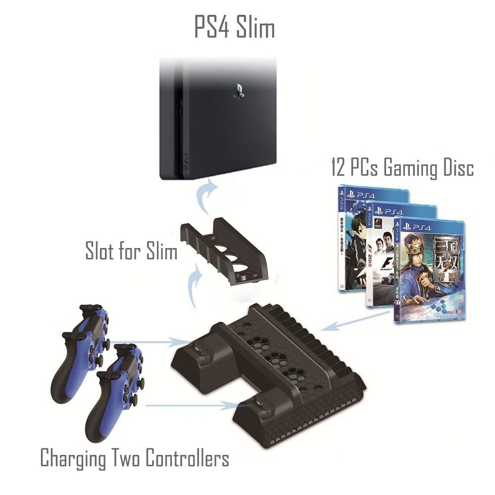ElecGear Playstation 4 Refrigeración Soporte Vertical con Ventiladores, Estación de Carga de Mandos Charger Cargador con 12x Juego Stand para DualShock 4 Controller y PS4, PS4 Slim, PS4 Pro