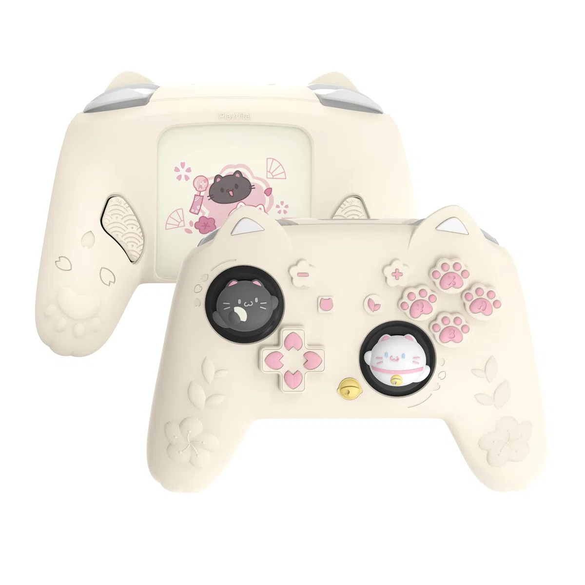 PlayVital Funda de Silicona para Nintendo Switch 2 Pro Mando - Carcasa Protectora Kawaii con Tapas de Botón Trasero & Grips para Joystick & Pegatina - Diseño Gatito Lindo (Amarillo Antiguo)
