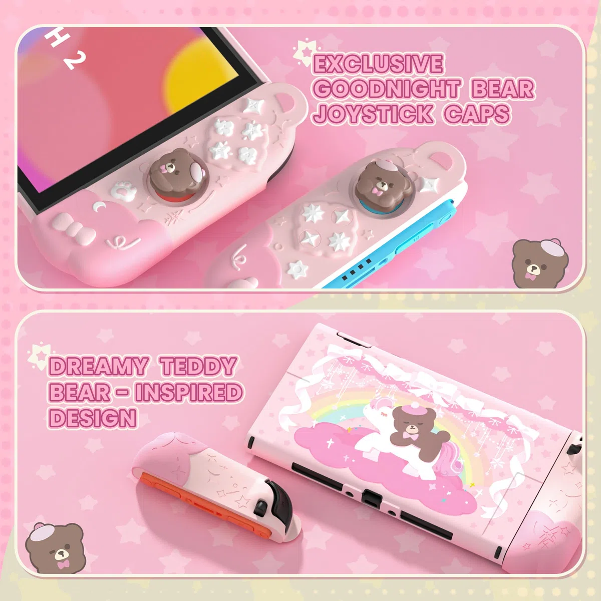 PlayVital Funda Protectora para Nintendo Switch 2 (2025) - Agarre de Silicona con Carcasa Trasera de PC, Protector con Soporte Plegable y Tapas para Joysticks, Diseño de Oso Lindo