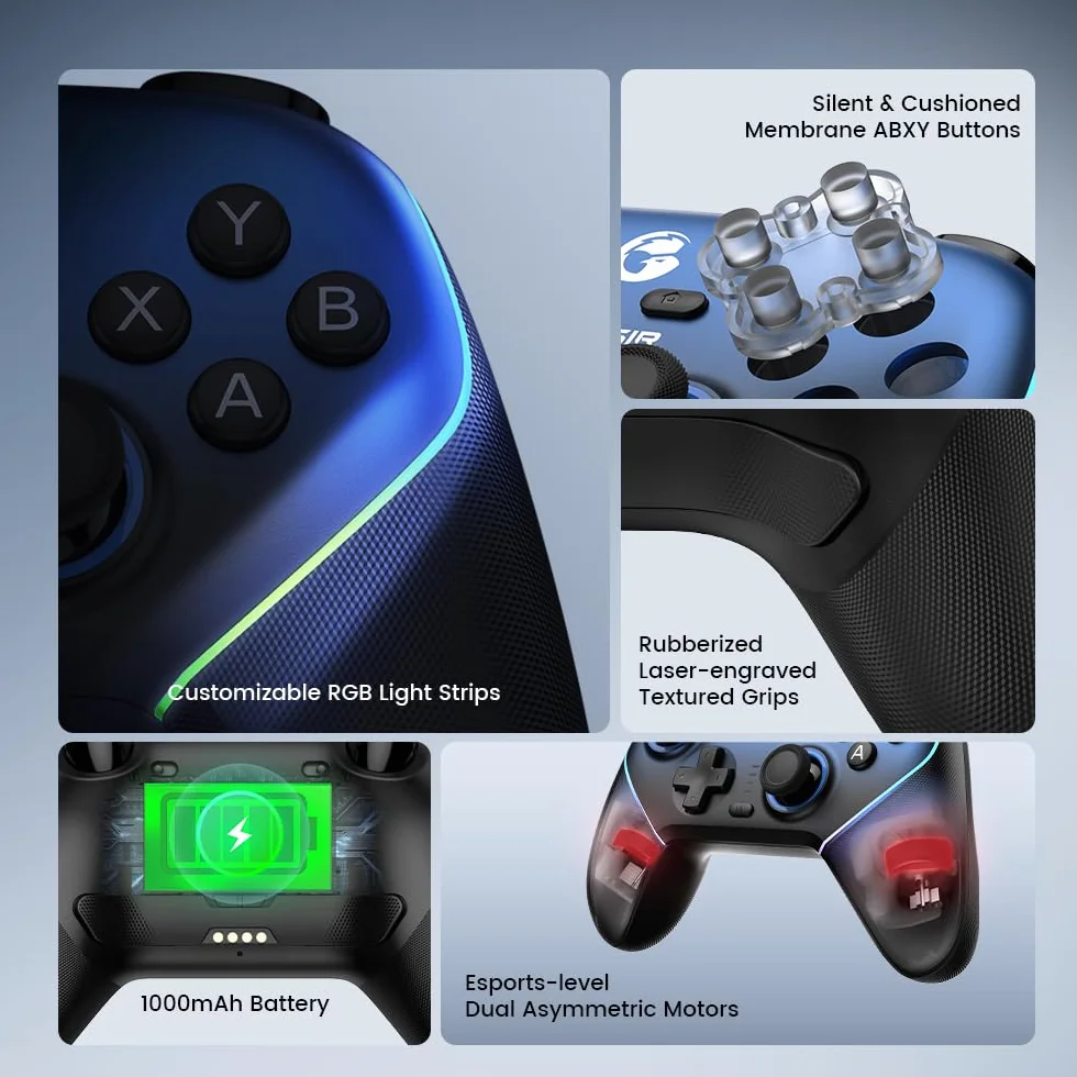 GameSir Super Nova Mando Inalámbrico con Base de Carga – Sticks Hall Effect, Gatillos Ajustables – Switch Gyro, PC, Móvil – Nightfall Blue