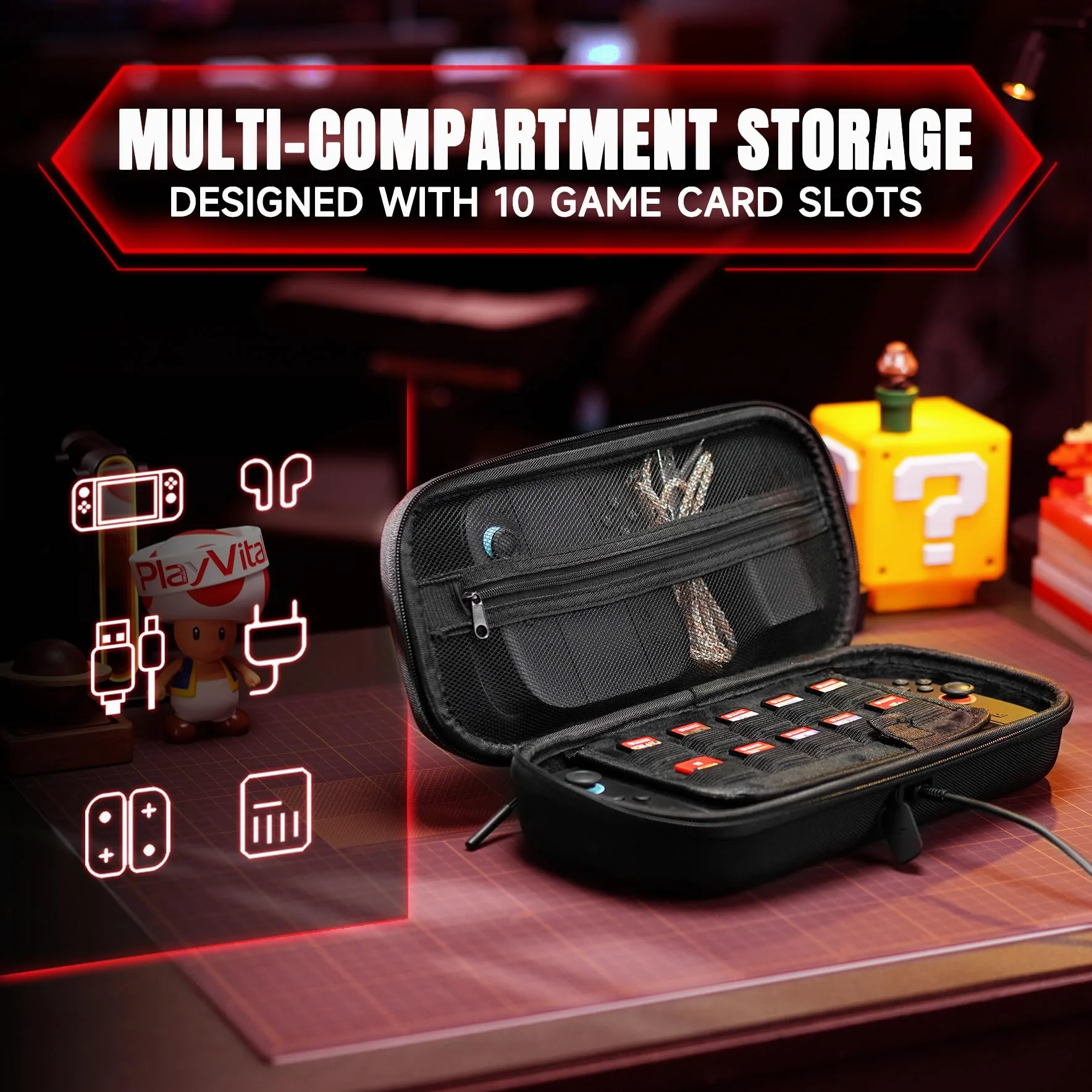 PlayVital Funda para Nintendo Switch 2 Accesorios, Estuche de Transporte con Puerto de Carga, Funda de Viaje Portátil con 10 Ranuras para Tarjetas de Juego, Protectora Antigolpes para Switch 2 (Negro)