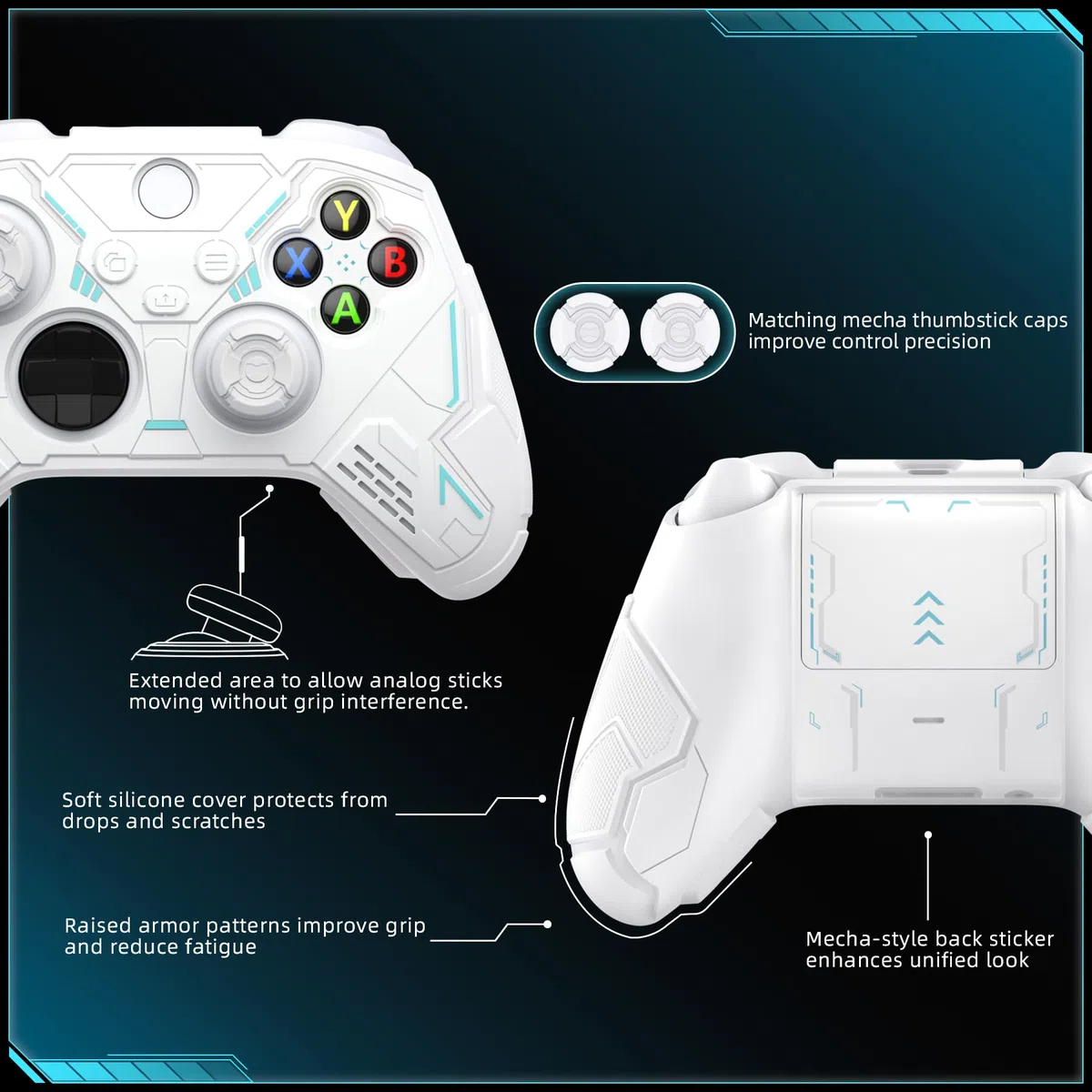 PlayVital Funda de Silicona para Xbox Series X/S Mando, Carcasa Protectora Antideslizante con Thumb Grips y Sticker para Xbox Core Mando - Stellar Mecha (Blanco & Gris Escarcha)