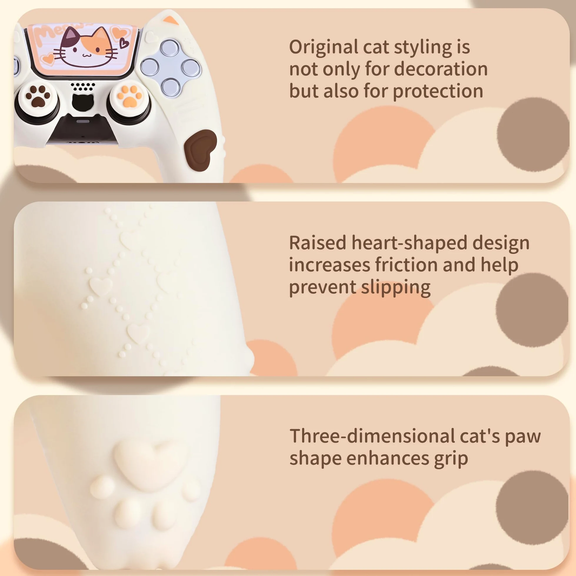 GeekShare Funda Protectora de Silicona para Mando Inalámbrico PS5, Juego de Fundas para Mando PS5 con 2 Tapas de Agarre para Pulgar y 2 Pegatinas - Calico Cat