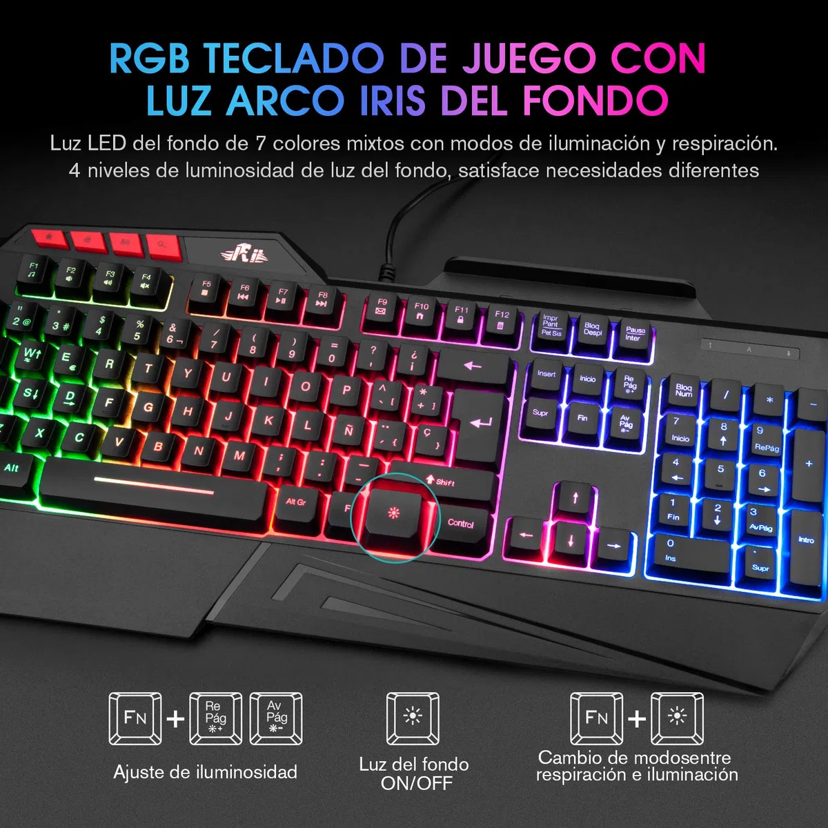 Rii Teclado Gaming, RK202, Retroiluminado LED con Cable USB para PC/Laptop / PS4 / Xbox One (Español, Negro)