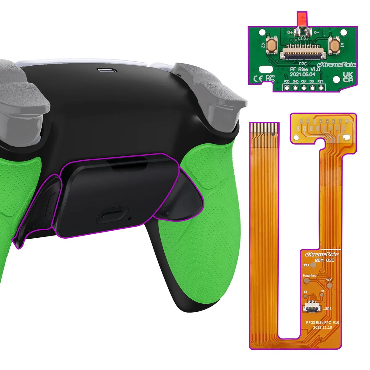 eXtremeRate Kit de reasignación de elevación programable de Agarre de Goma Verde para Controlador de PS5 BDM-030 040 050, Tablero de actualización y Carcasa Trasera Negra rediseñada y Botones