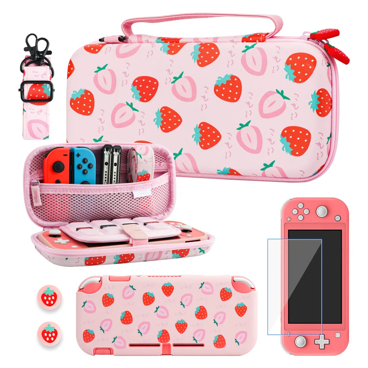 RHOTALL Funda de Transporte para Nintendo Switch Lite, Bonito Paquete de Accesorios para Switch Lite con Carcasa Protectora de TPU, Correa de Hombro, Protector de Pantalla y 2 Tapas de Pulgar - Fresa