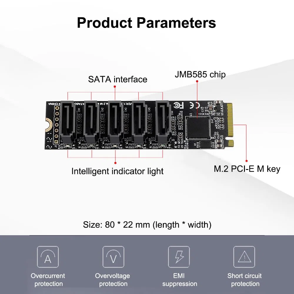 POFET Adaptador NVME a SATA M.2 a SATA convertidor de 5 puertos con radiador de aluminio JMB585 chip compatible con función PM