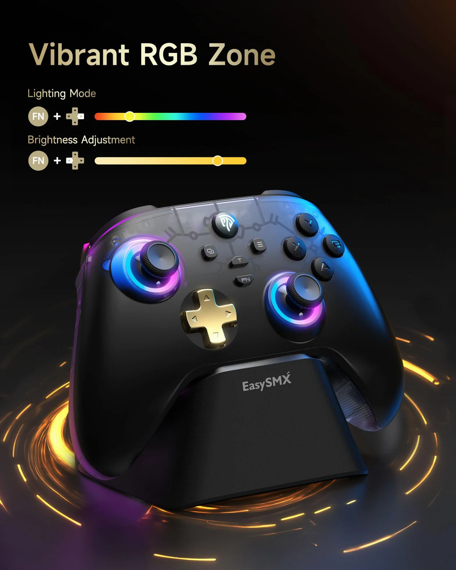 EasySMX D05 Mando PC Inalambrico con Base de Carga - RGB Luz - Hall Joystick - Hall Trigger, Gamepad con 1000 mAh Batería Recargable- Vibración - Turbo- para PC/Switch/Móvil - Negro