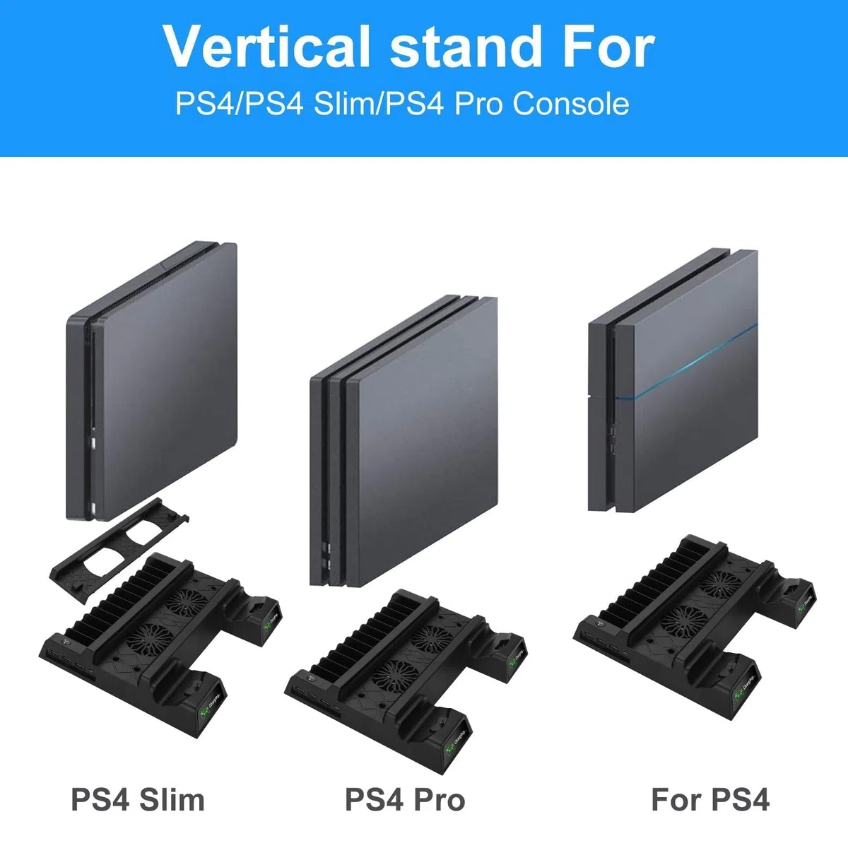 EEEKit Soporte con Ventilador para PlayStation 4, PS4 Pro Ventilador de Refrigeración para PS4 Slim con Estación de Carga para 2 Mandos, Hub USB, Almacenamiento para 12 Juegos