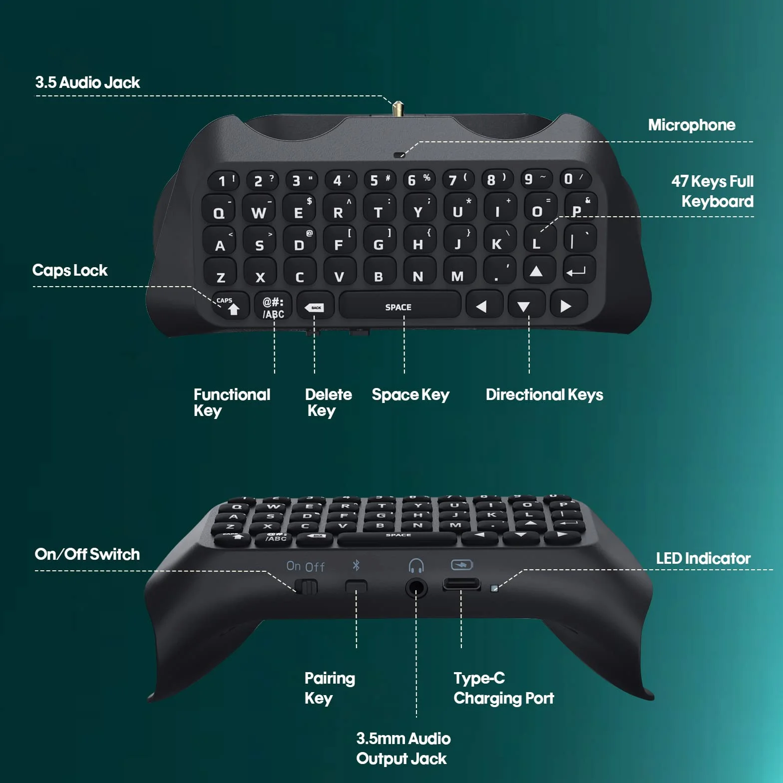 TiMOVO Teclado Inalámbrico Compatible con PS5, Teclado de Controlador Bluetooth con Genial Retroiluminación Verde, 47 Teclas, Altavoz Incorporado, Conector de Audio de 3,5 mm para Mando PS5, Negro