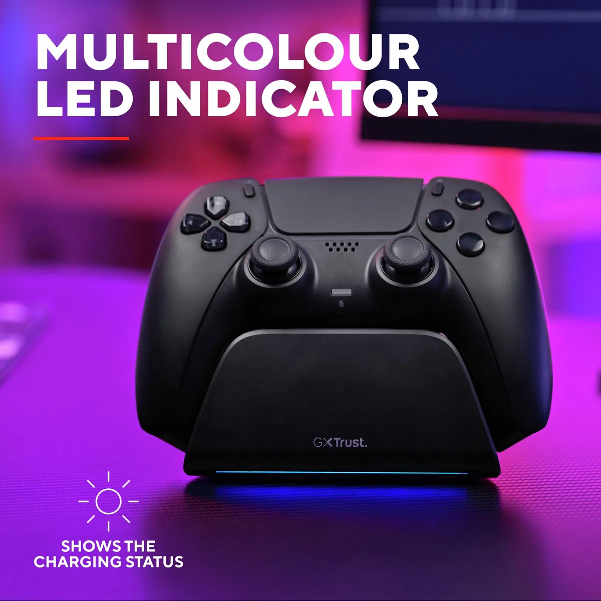 Trust GXT 255 Cargador Mando PS5 DualSense, Cargador PlayStation 5 con Diseño Place-on, Carga Rápida, Iluminación LED, Alfombrilla Antideslizante, Cable USB-C-C Incluido, Accesorios PS5, Negro