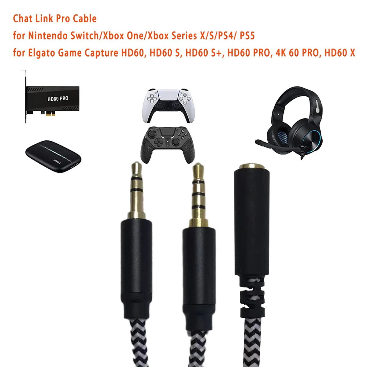 Partido Chat Link Pro Cable w/Cancelación de ruido Adaptadores para Elgato Captura de juegos HD60 S+/HD60/HD60 Pro Nintendo Switch/Xbox One/Xbox Series X/S/PS4/PS5(2.6m/8.5ft)