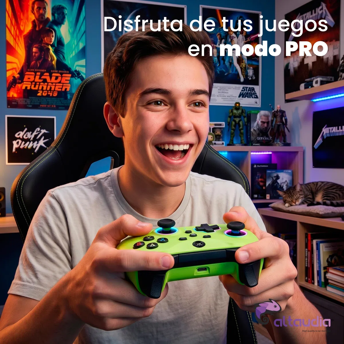 Altaudia Mando Inalámbrico Bluetooth para PC - Compatible con PC, Switch/Smartphone Android y iOS, Conexión USB, 2 Botones Macro, Vibración Dual, 6 Ejes, Luces LED RGB, Color Verde