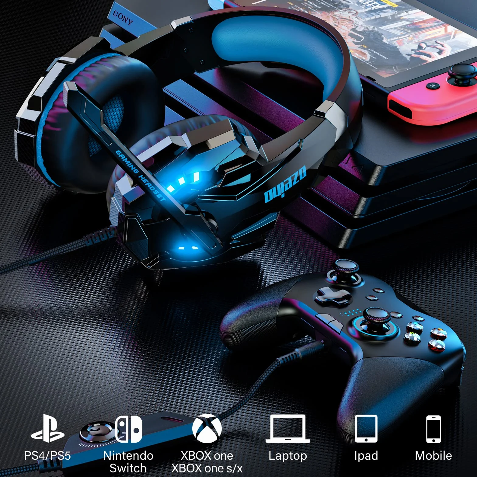 Ozeino Auriculares para Videojuegos para PS4 PS5 3D Surround Sound Cancelling Auriculares con micrófono para PC Xbox One Switch con luz LED