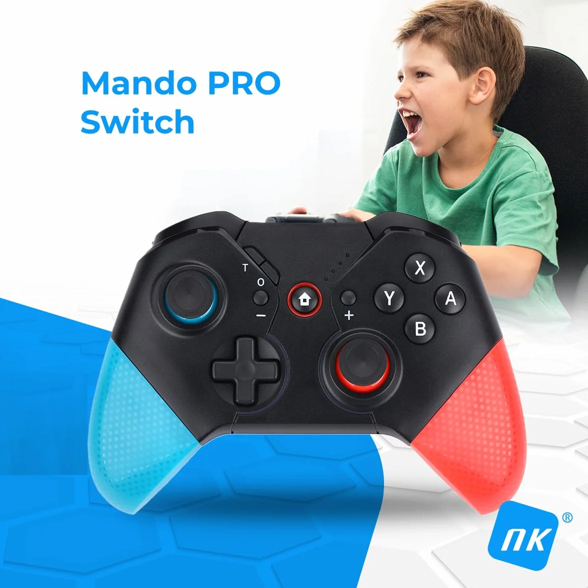 NK Mando PRO Switch Inalámbrico- Wireless Pro Switch Controller con Función Macro/Wake/Turbo/Gyro Axis/Doble Vibración/RGB Light - Color Negro/Rojo/Azul