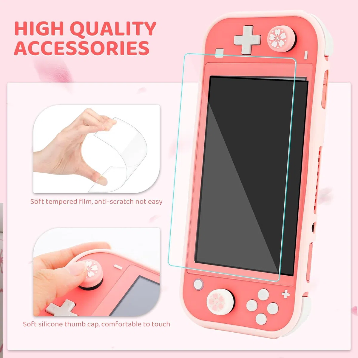 RHOTALL Funda de transporte con diseño de flor de cerezo rosa y blanco para Nintendo Switch Lite, funda de almacenamiento potable para accesorios Switch con funda protectora, protector de pantalla,
