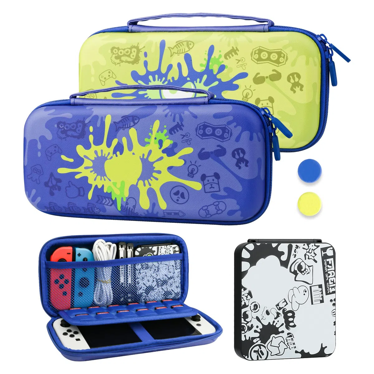 RHOTALL Funda de transporte para Nintendo Switch & Switch OLED, funda de viaje portátil dura para accesorios de juego Switch con funda de juego negra y 2 tapas de pulgar - para tema Splatoon