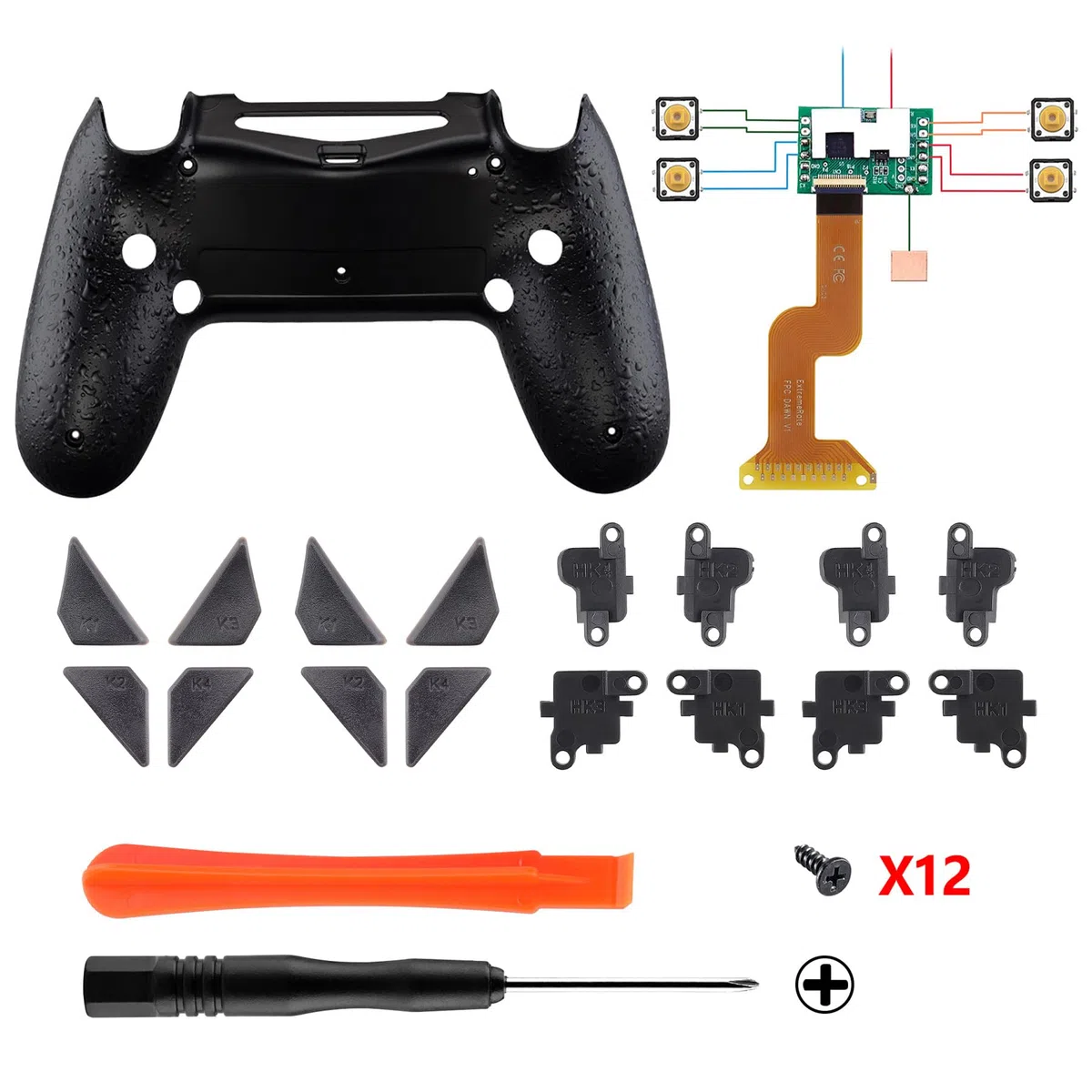 eXtremeRate Dawn Programable Remap Kit Botón de Reasignación para ps4 con Board de Actuelización&Carcasa Trasera Diseñada&4 Botones Traseros para ps4 Mando JDM 040/050/055(Salpicadura Negra)