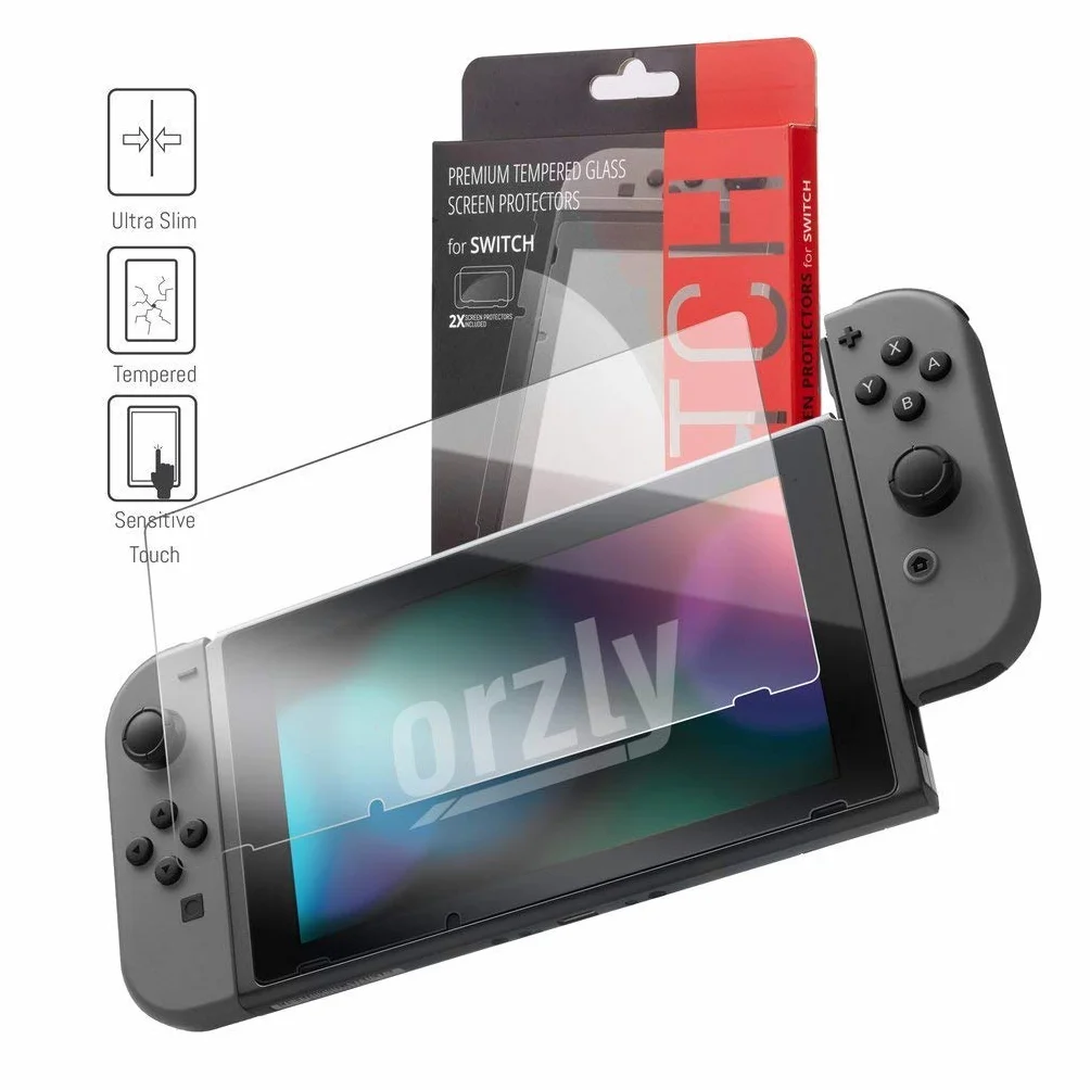 Orzly PACK ESENCIAL de Accesorios para Nintendo Switch [Incluye: Protectores de Pantalla, Cable USB, Funda para Consola, Estuche Tarjetas de Juego, Funda Comfort Grip, Auriculares] – NEGRO