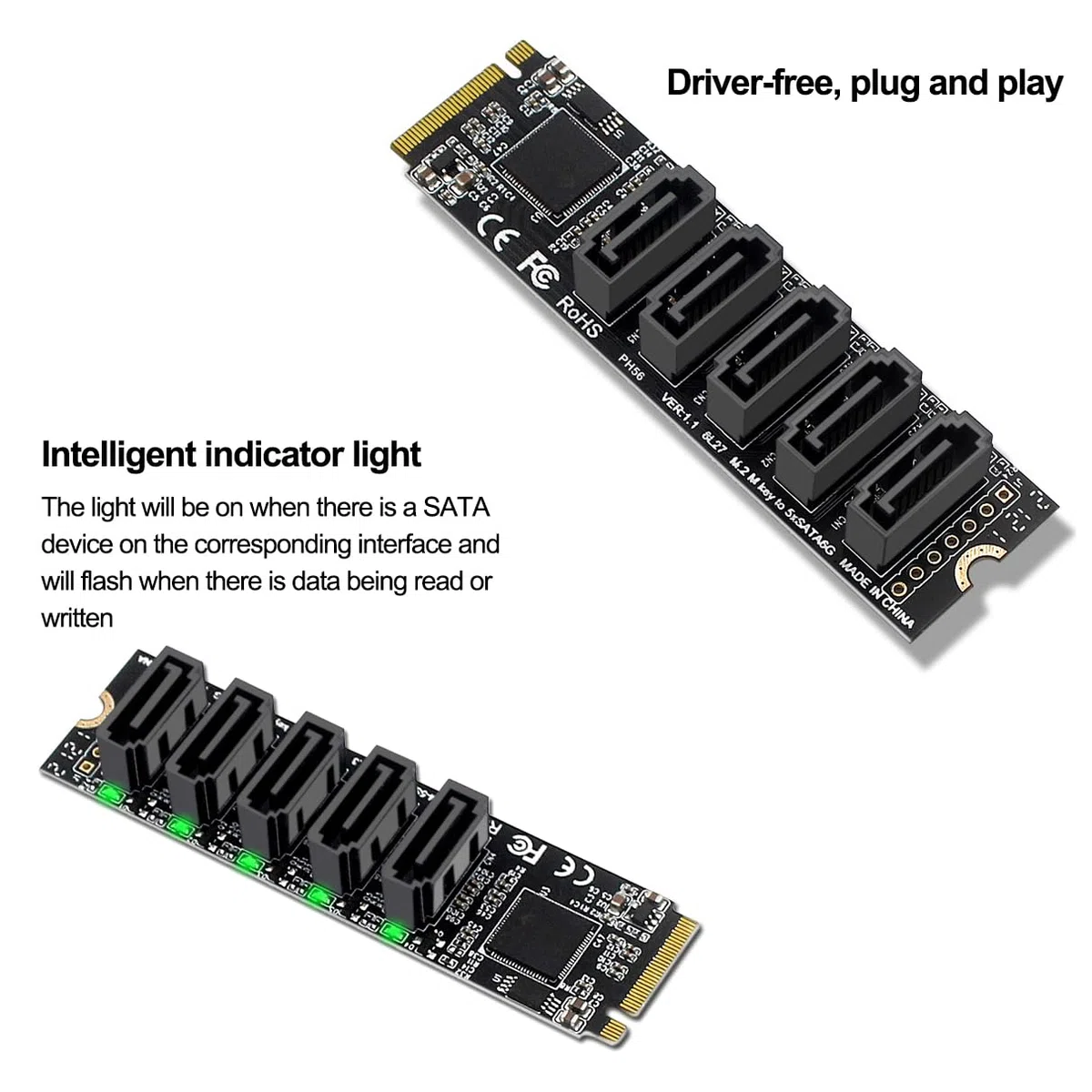 POFET Adaptador NVME a SATA M.2 a SATA convertidor de 5 puertos con radiador de aluminio JMB585 chip compatible con función PM