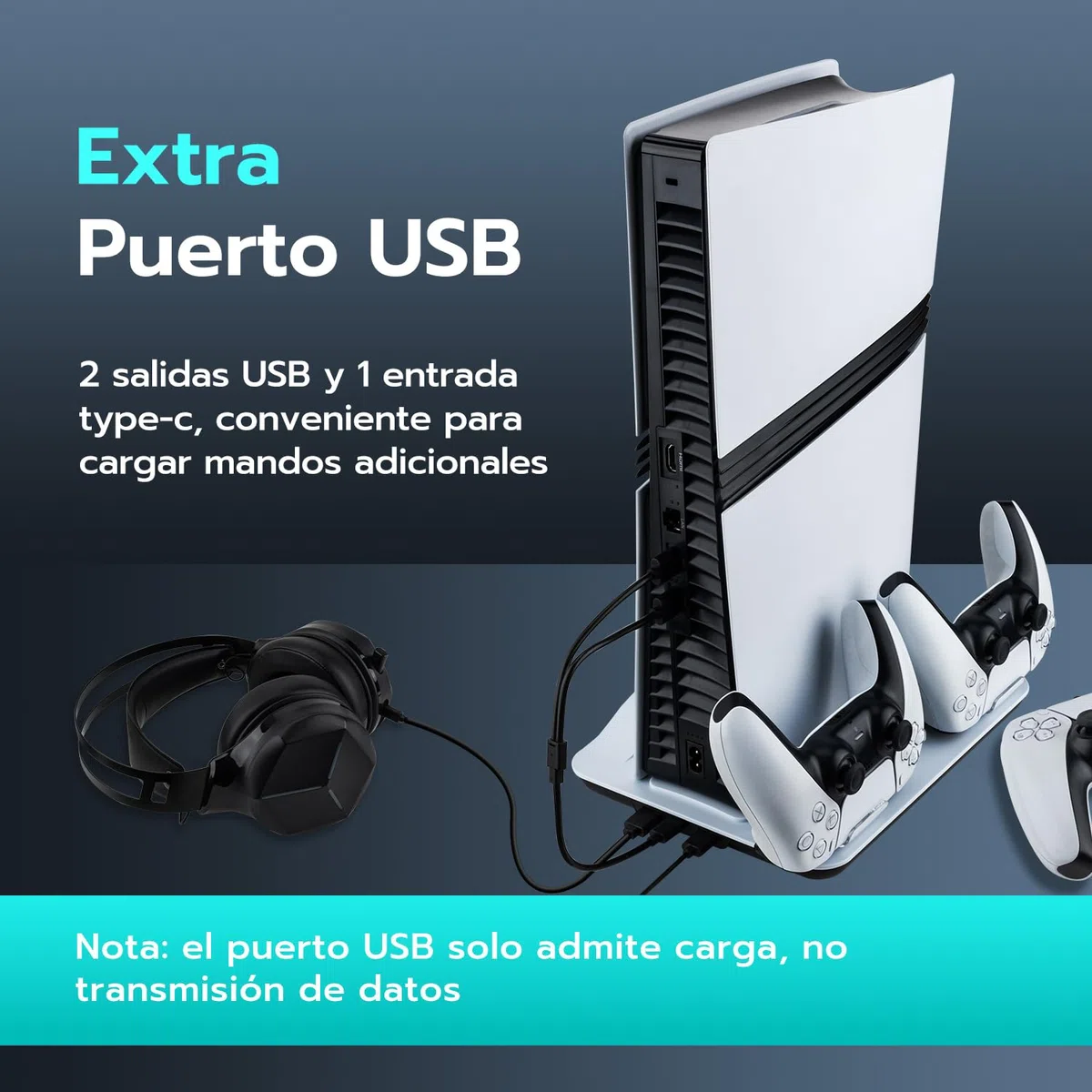 Soporte para PS5 Pro/Slim, luces LED, estación de refrigeración con carga dual