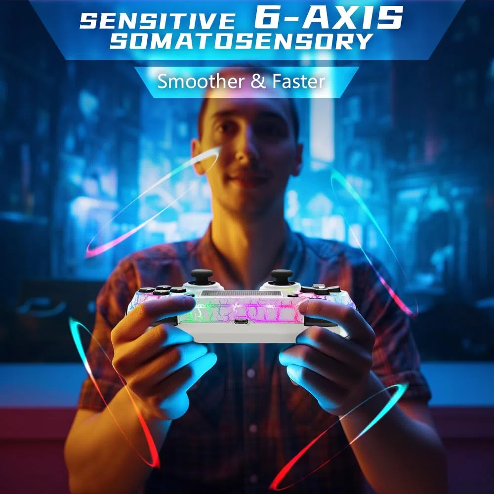 AceGamer Mando Inalámbrico para PS4, Con Luces RGB, Jack de Audio de 3.5mm, Joystick Gamepad V2 Compatible con PS4 / Slim/Pro y Windows PC (Blanco)