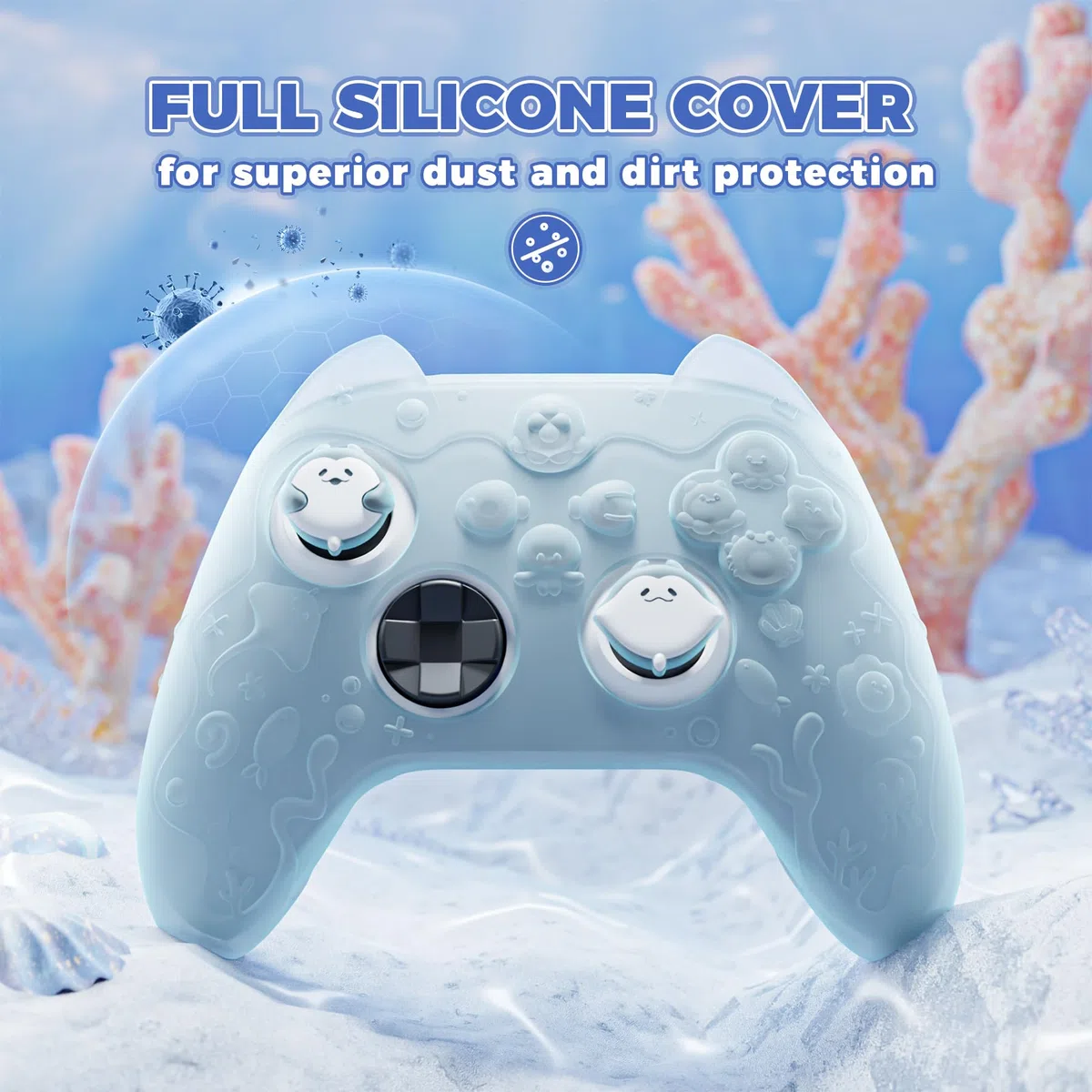 PlayVital Funda de Silicona para Xbox Series S/X Mando, Carcasa Protectora Antideslizante Semi-Transparente, Protección Completa, Incluye Thumb Grips y Sticker - Cute Ocean Whisper (Azul Menta)